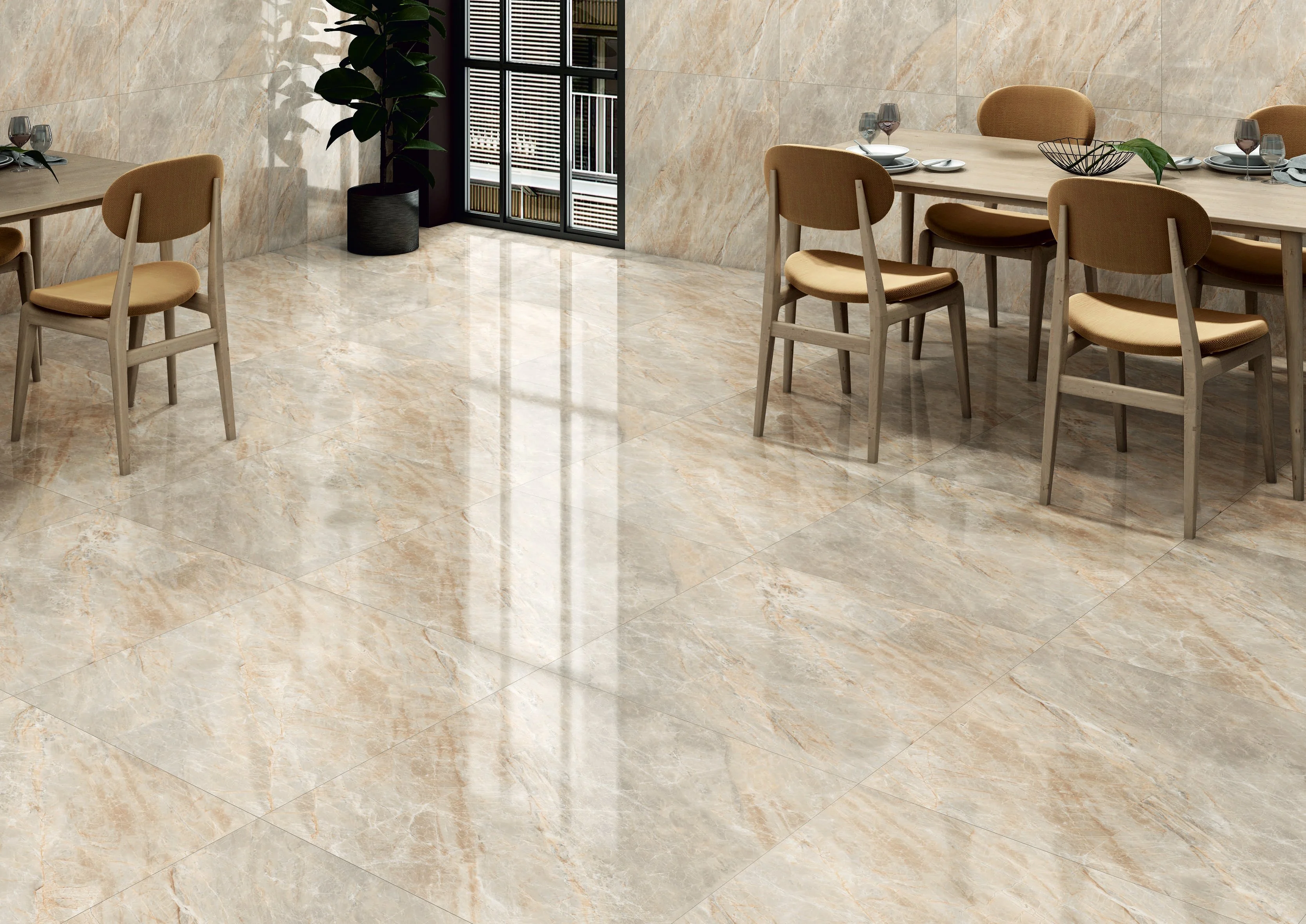 Warm beige marble dining area with modern wooden furniture.