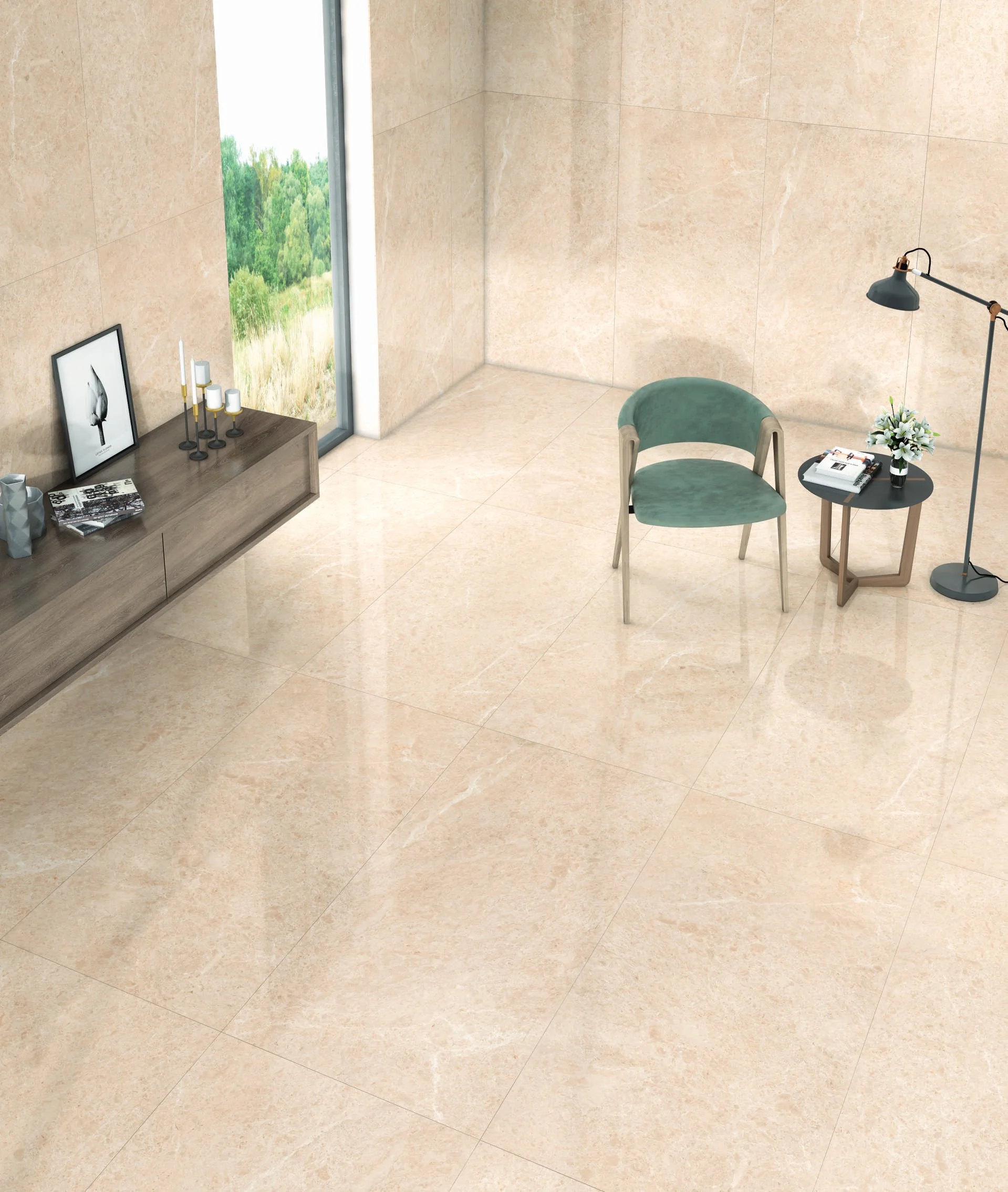 Warm beige marble tiles create elegant, spacious living area.