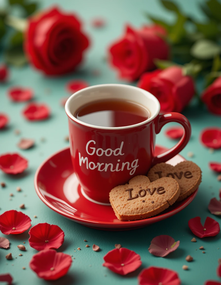 Warm Morning Tea with Heart Biscuits and Elegant Red Roses