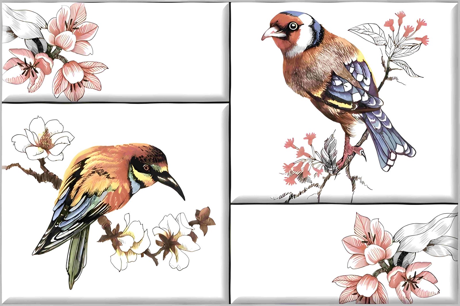 Watercolor Birds and Flowers Decorative Ceramic Wall Tile