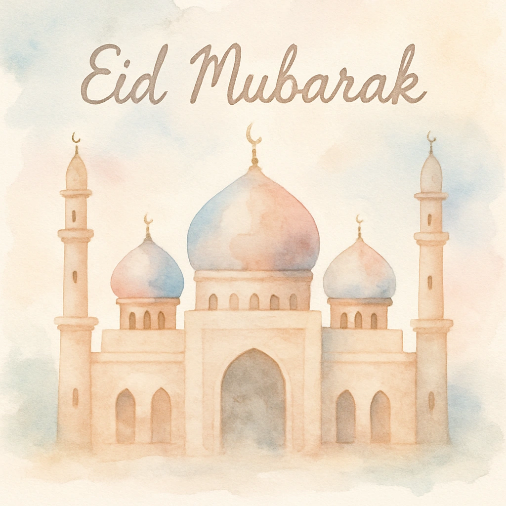 Watercolor Eid Mubarak Greeting With Blue and Pink Mosque Illustration