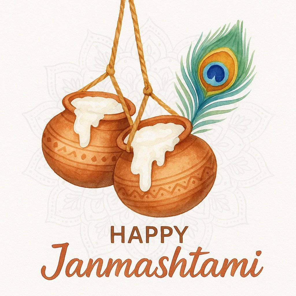 Watercolor Illustration Celebrating Janmashtami with Pots, Milk, and Peacock Feather