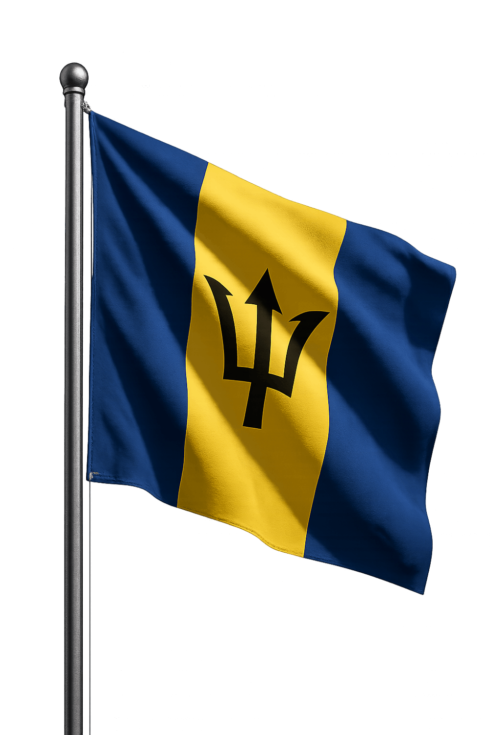 Waving Barbados Flag on Pole Transparent Background