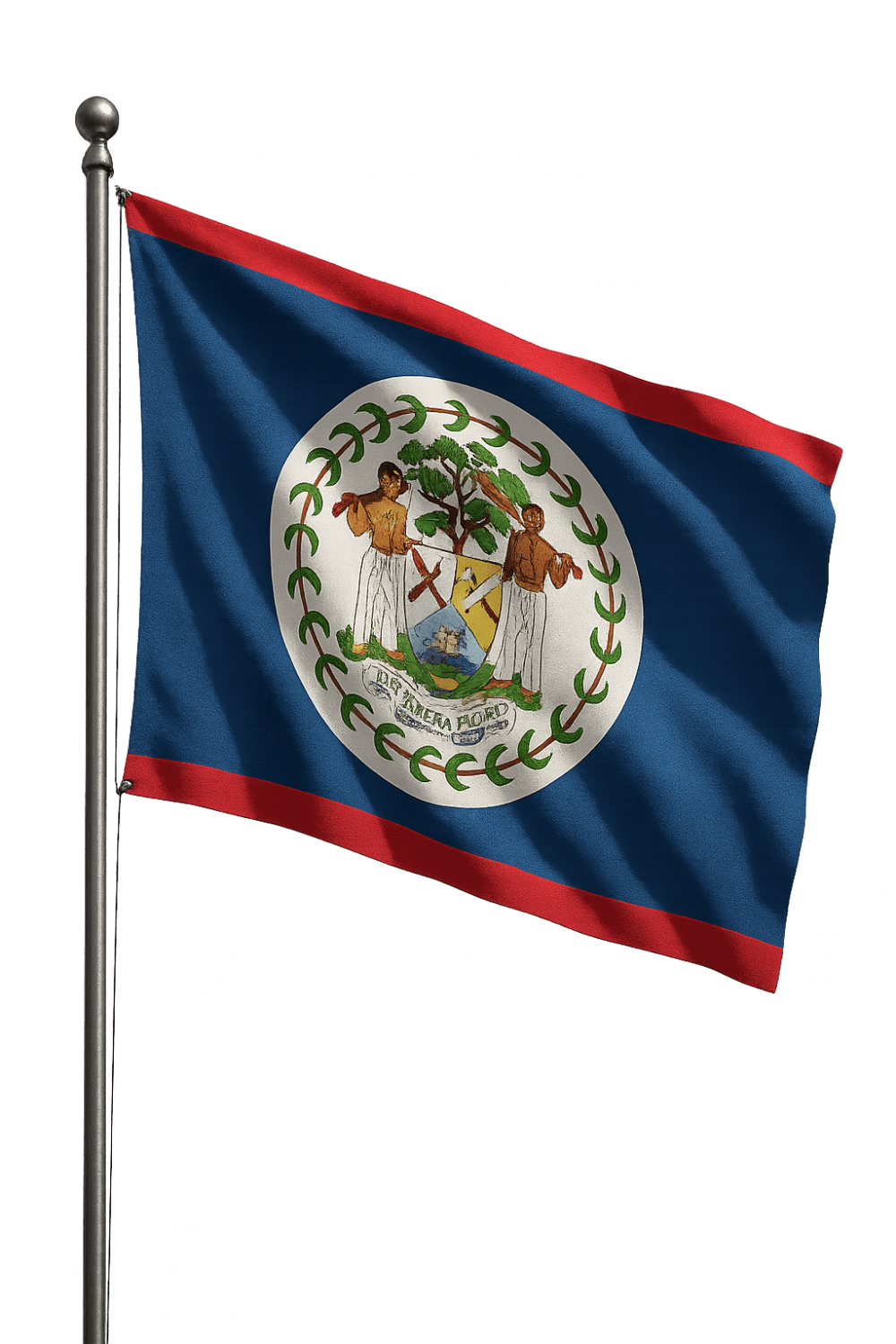 Waving Belize Flag on Pole Transparent Background