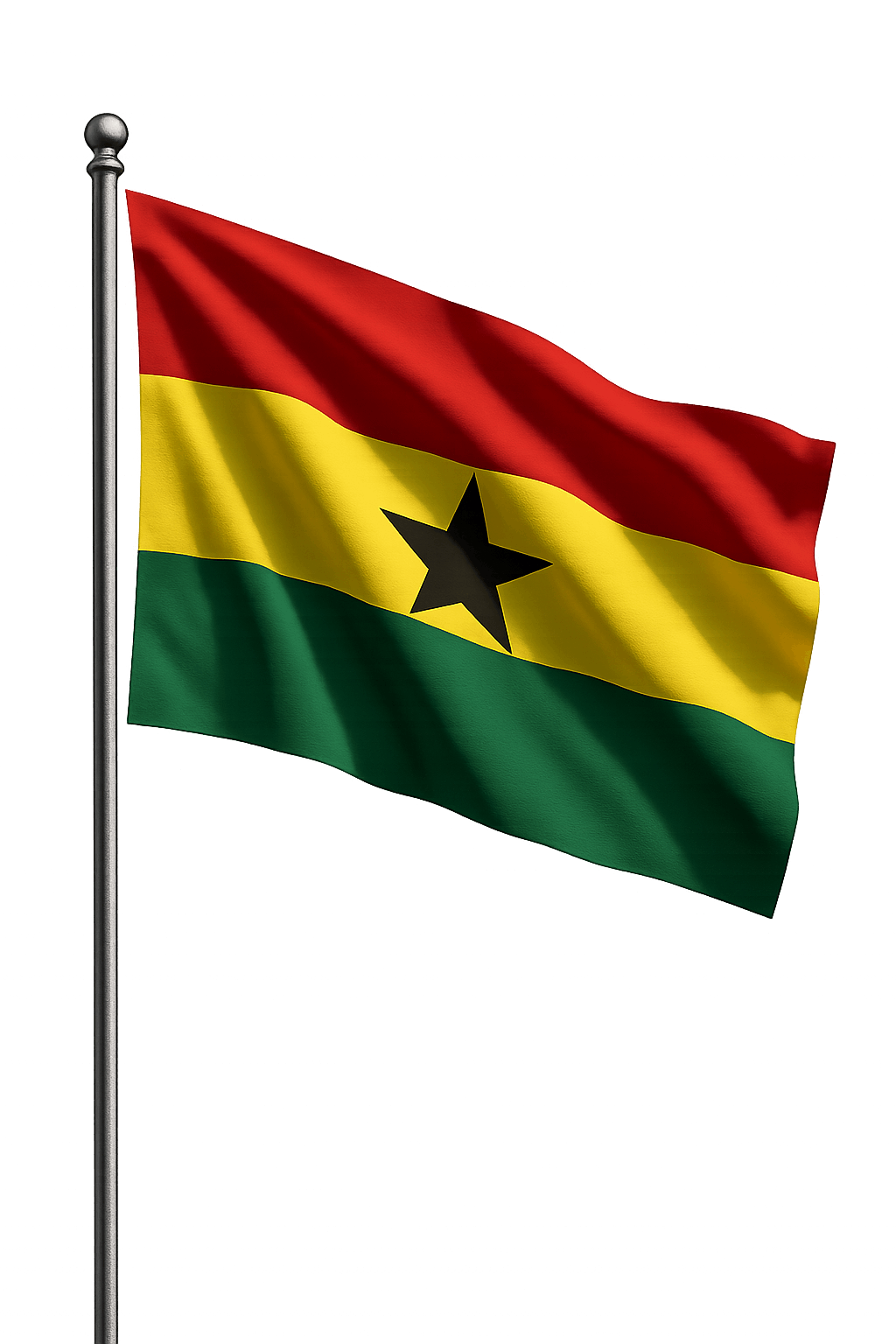 Waving Ghana Flag on Pole Transparent Background