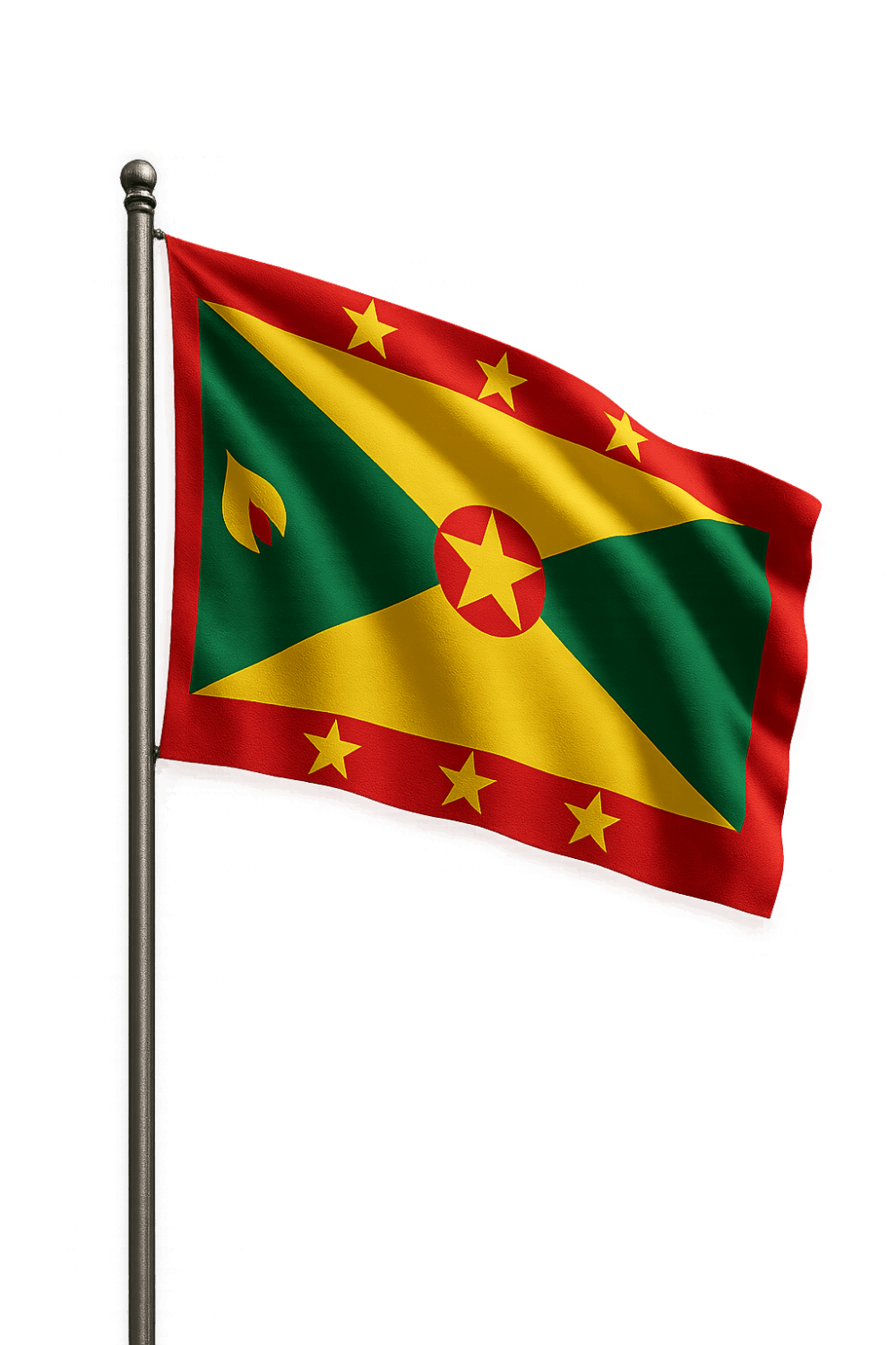 Waving Grenada Flag on Pole Transparent Background