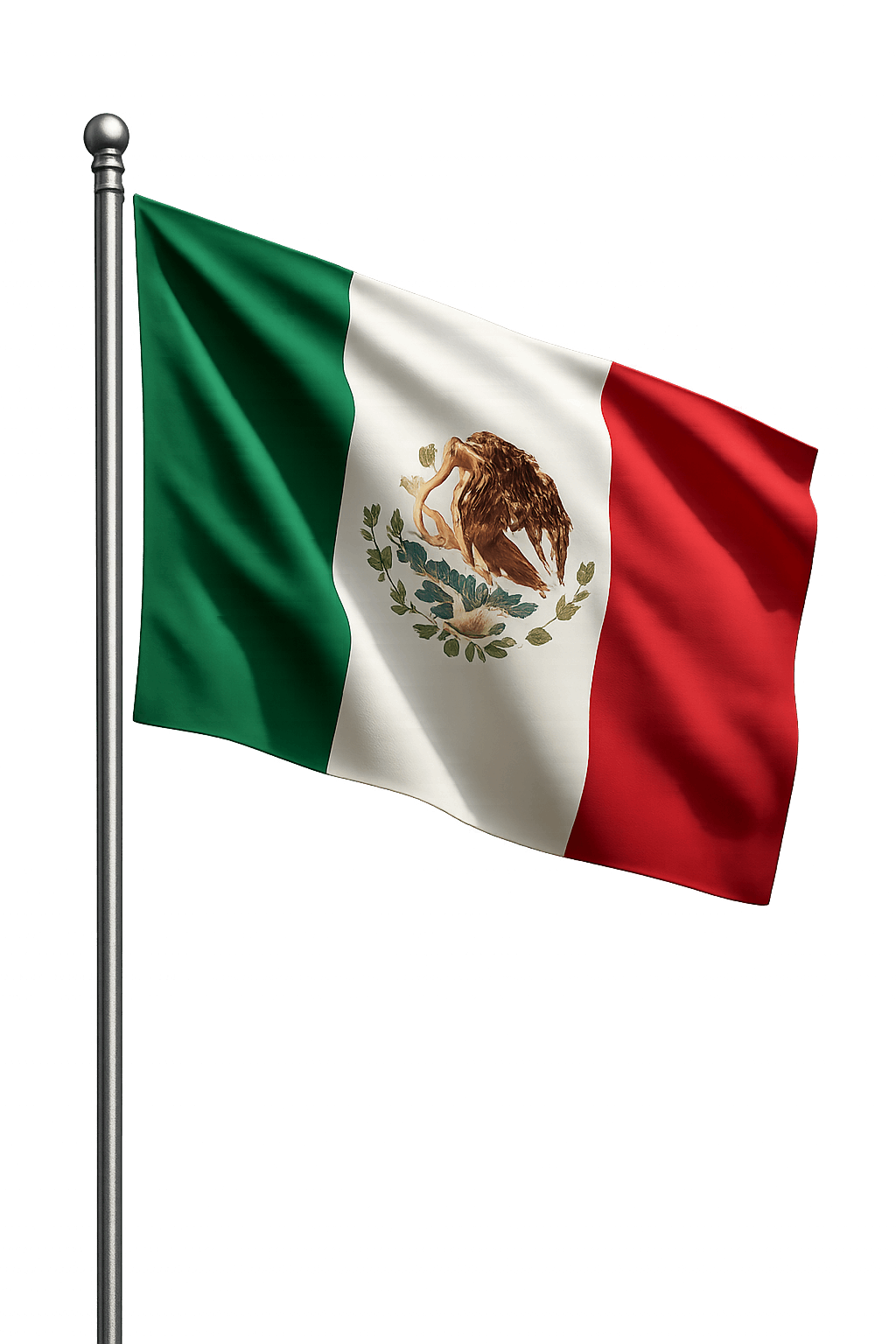 Waving Mexican Flag on Metal Pole, Transparent Background