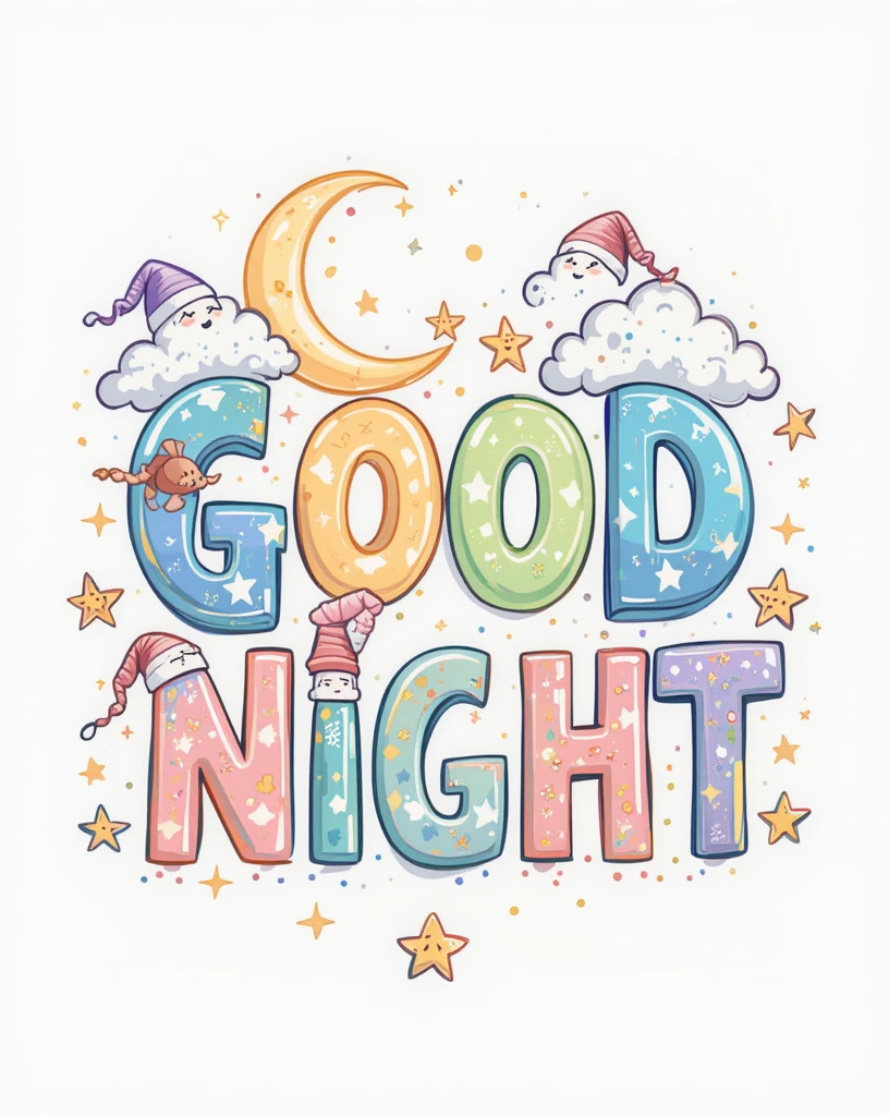 Whimsical Good Night Illustration with Stars, Clouds, and Pastel Colors