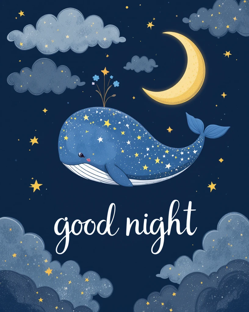 Whimsical Illustration of a Starry Whale Under Crescent Moon for Bedtime Imagery