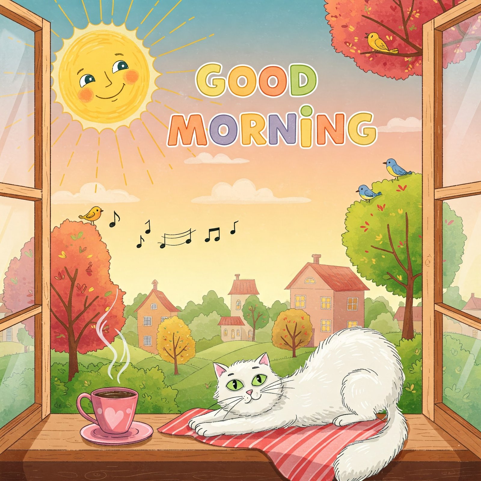 Whimsical Morning Scene With Cat, Sun, Birds, and Cozy Lifestyle