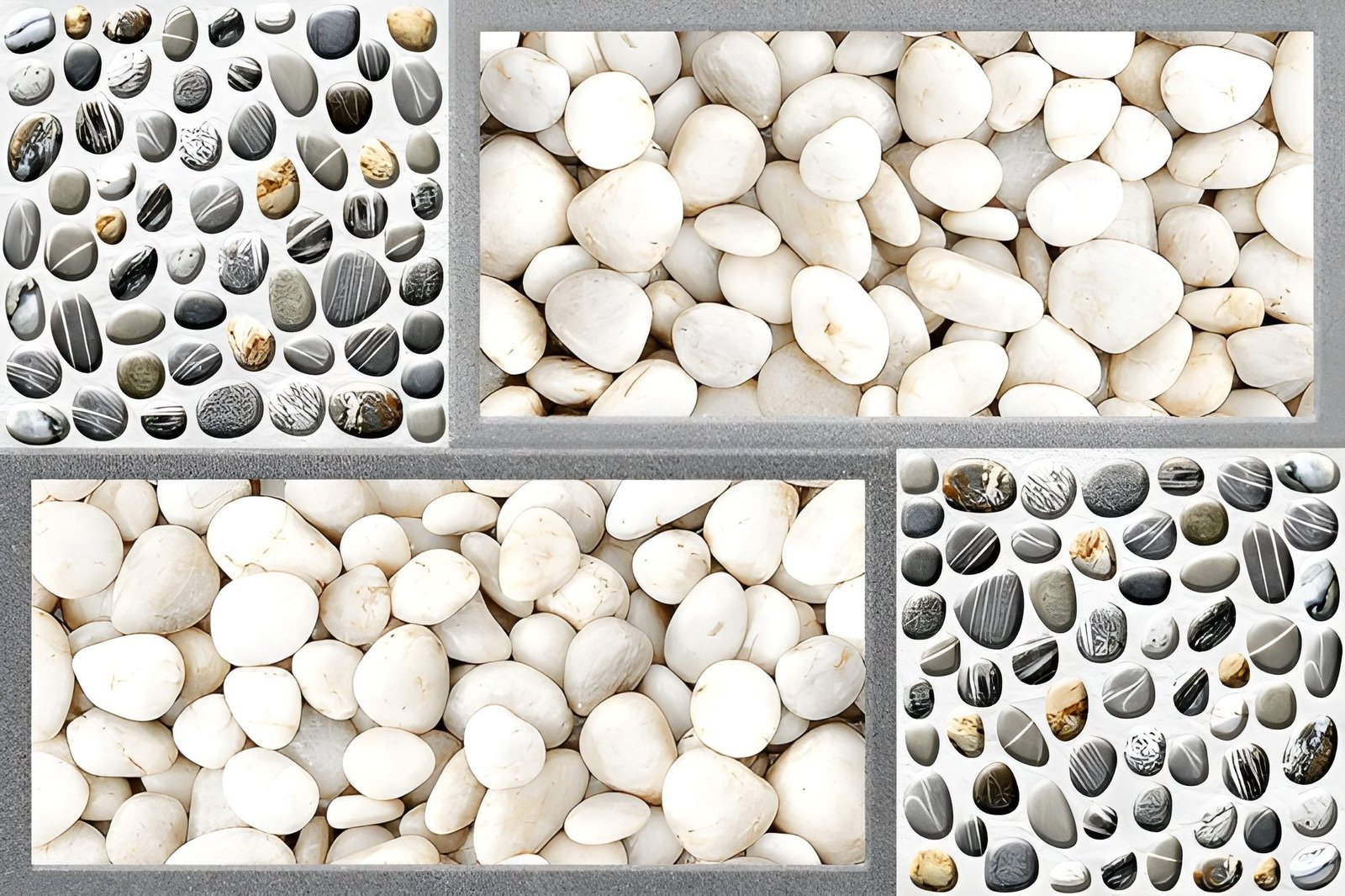 White And Black Pebble Collage With Smooth River Stones For Home Decor And Landscaping Design
