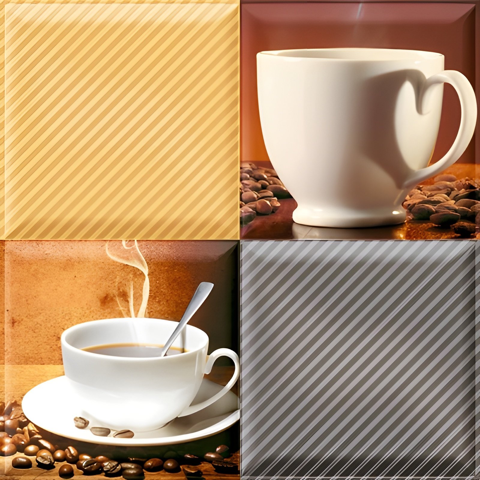 White Coffee Cup and Steam, Coffee Beans, and Elegant Mug Collage in Warm Tones