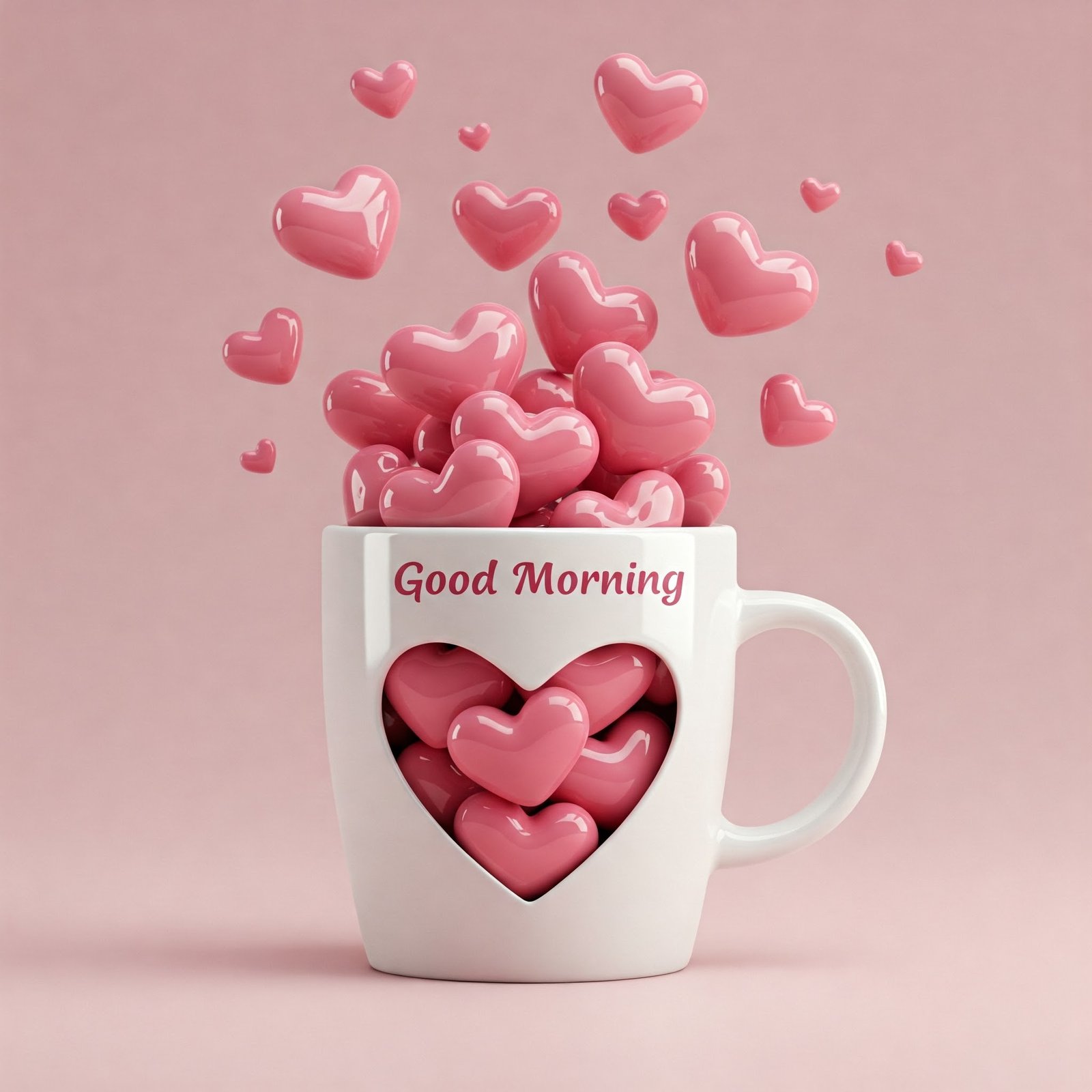 White Mug Filled with Pink Hearts on Pastel Background