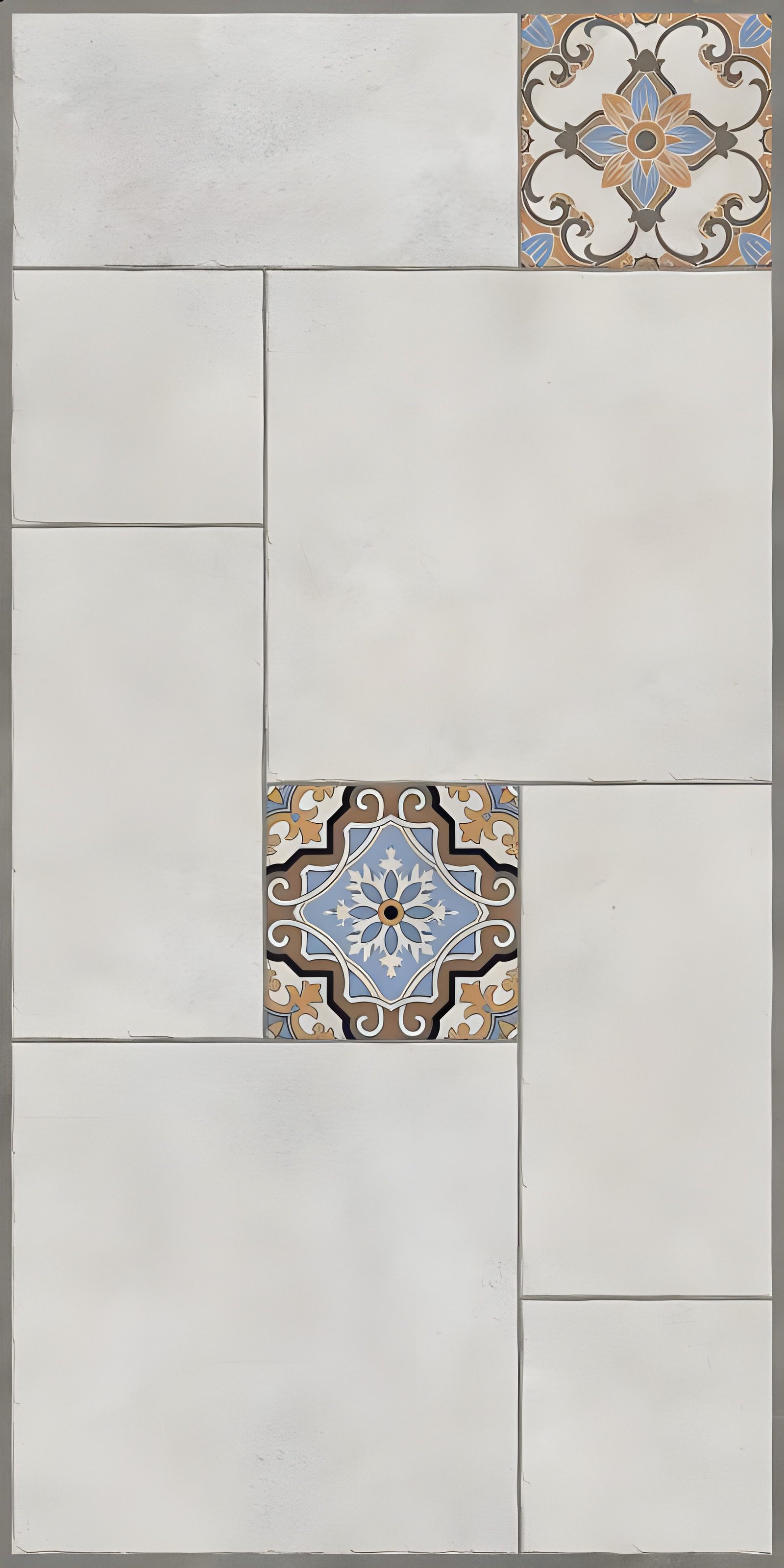 White Tile Layout with Encaustic Pattern Inserts