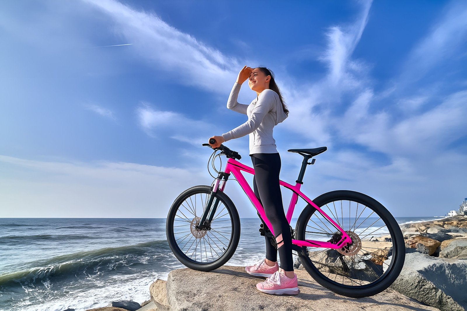 Woman Biking by the Ocean on Bright Pink Bicycle on a Sunny Day
