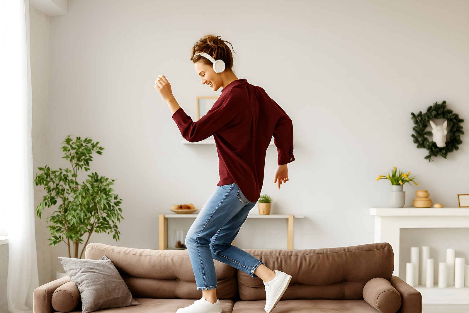 Woman Dancing Happily on a Sofa Listening to Music With Headphones