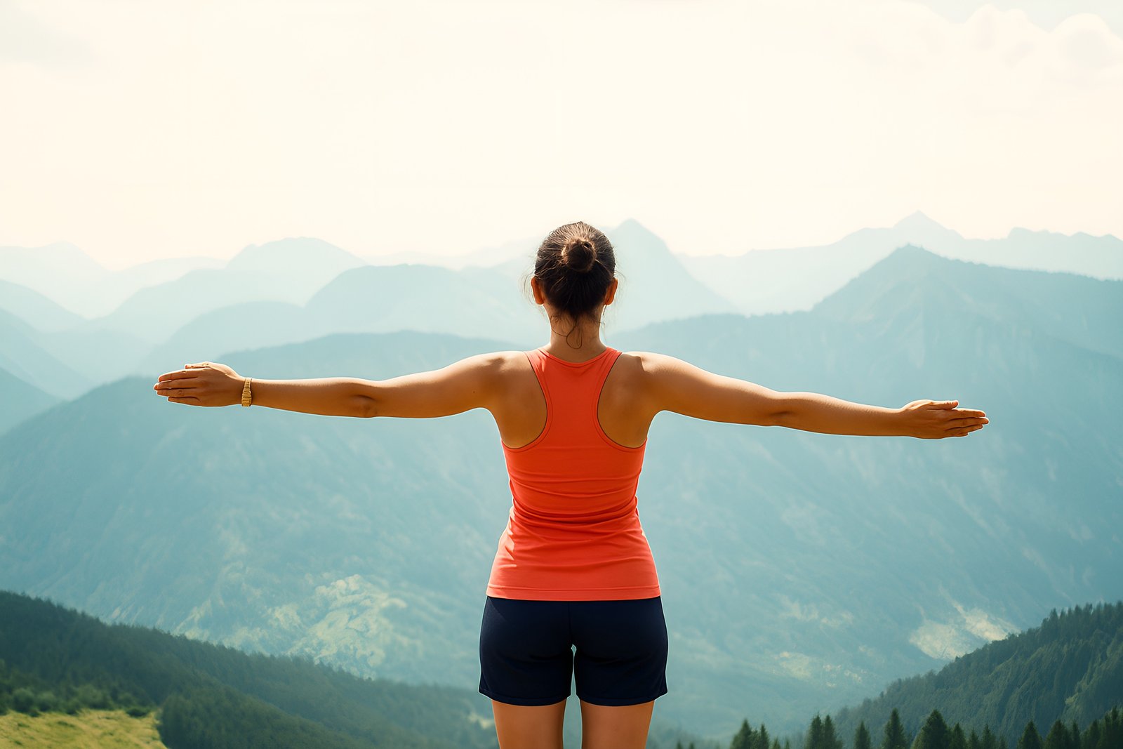 Woman Enjoying Scenic Mountain View with Arms Outstretched in Nature