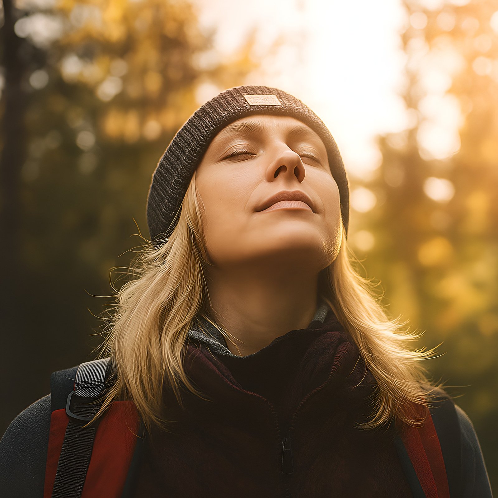 Woman Enjoying the Outdoors with Relaxation in a Sunlit Forest