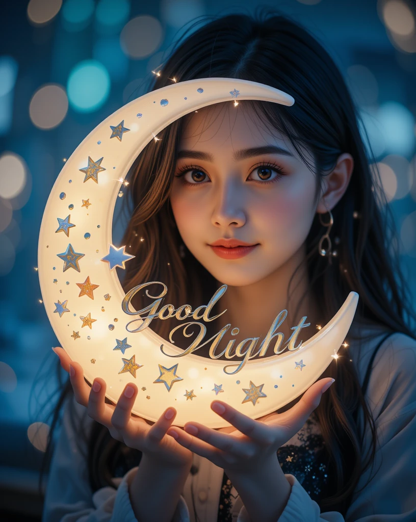 Woman Holding Illuminated Moon Decor at Night with a Magical Atmosphere