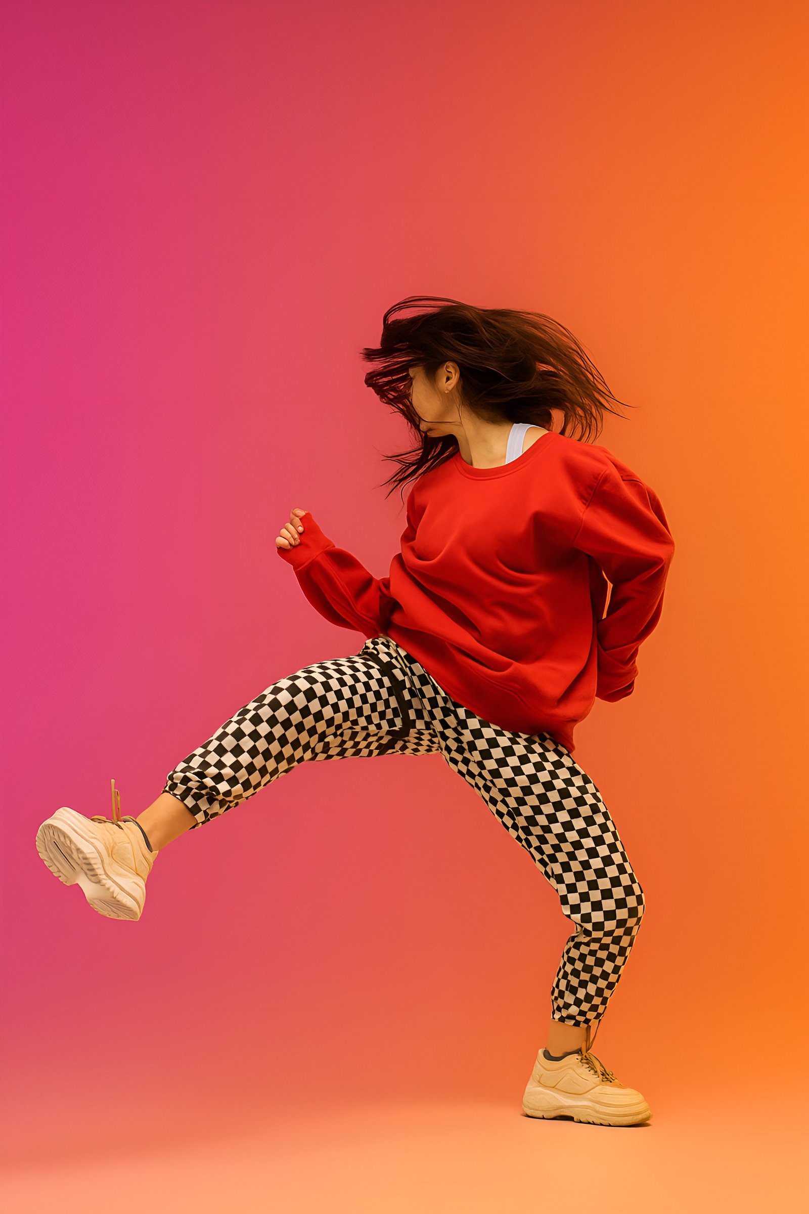 Woman Jumping in Stylish Casual Attire Against Colorful Gradient Background