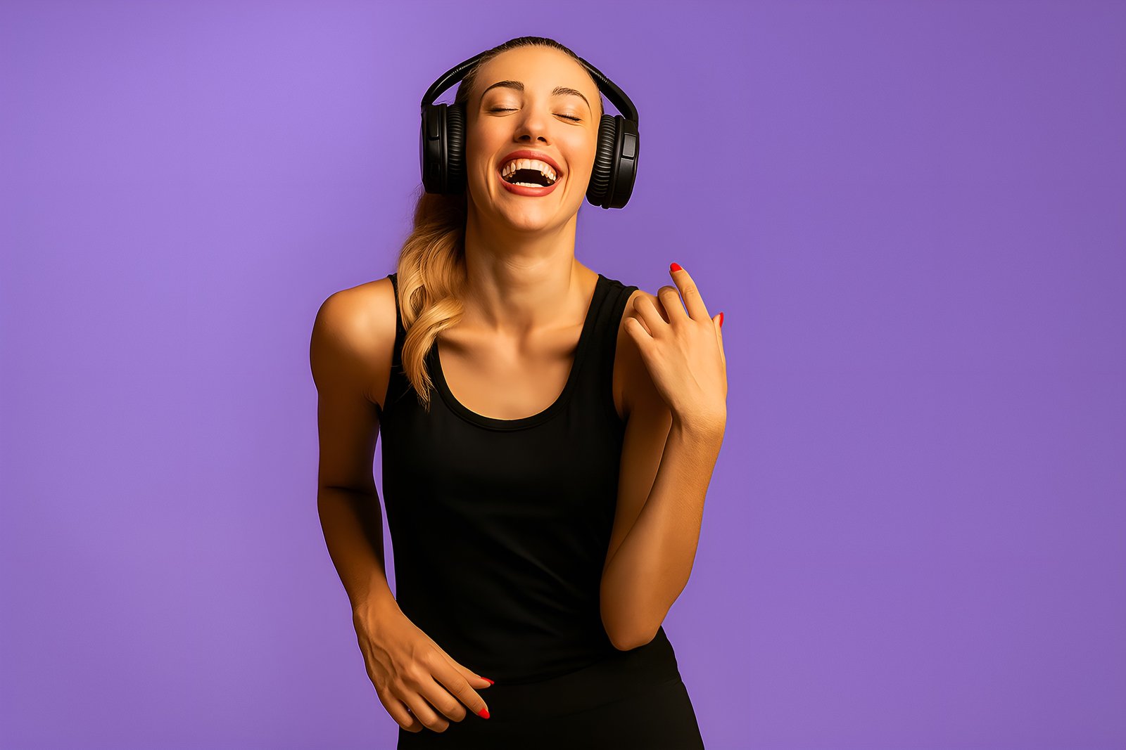 Woman Laughing and Enjoying Music with Headphones on Purple Background