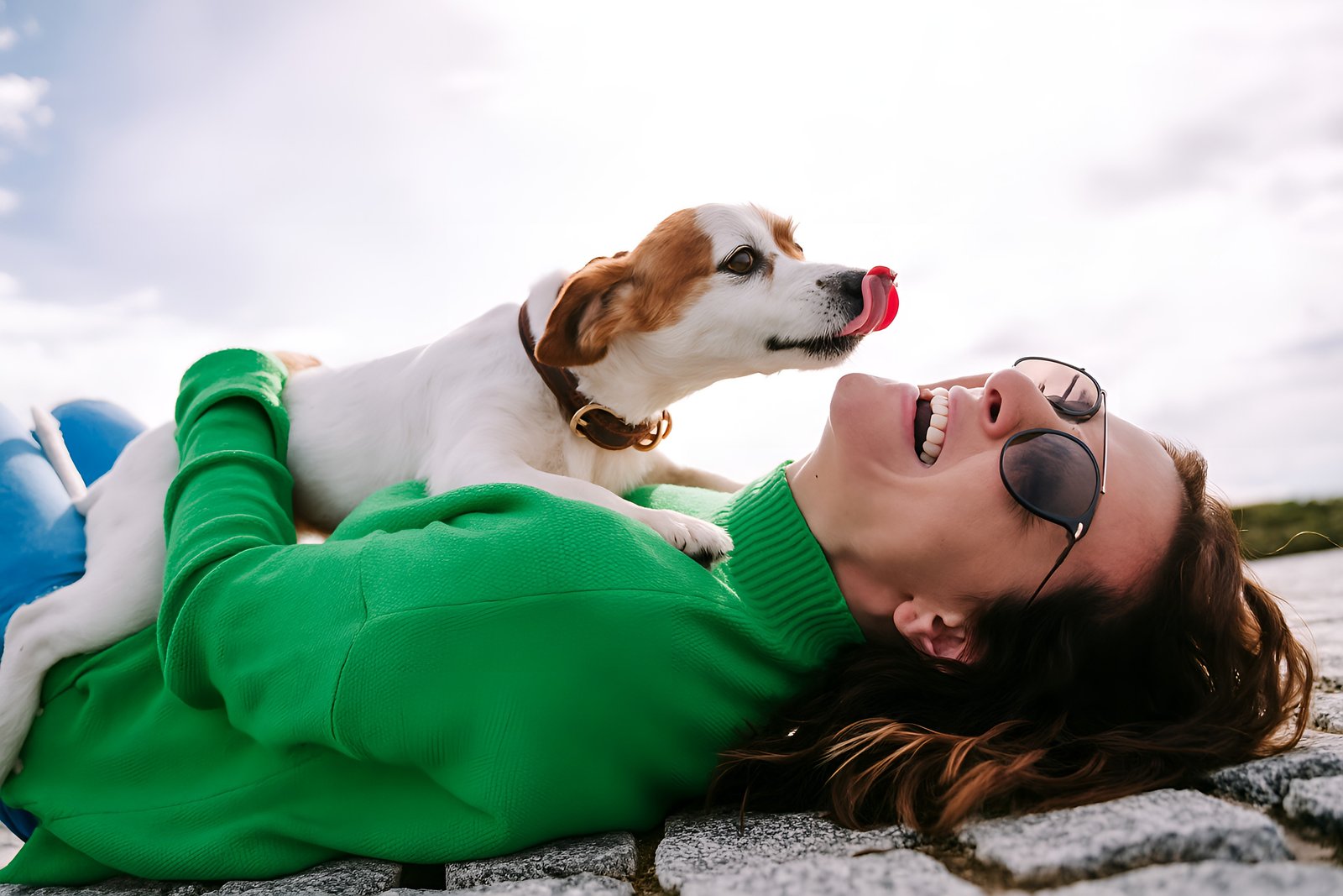 Woman Laughing While Playfully Interacting With Adorable Dog Outdoors