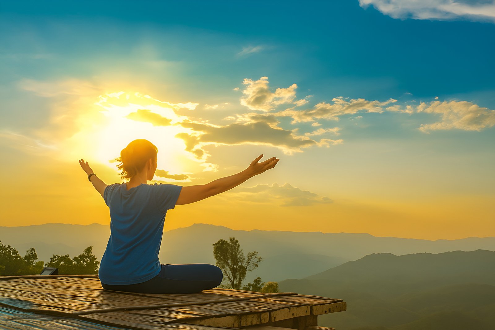 Woman Meditating Outdoors During a Scenic Sunset in a Serene Mountain Landscape