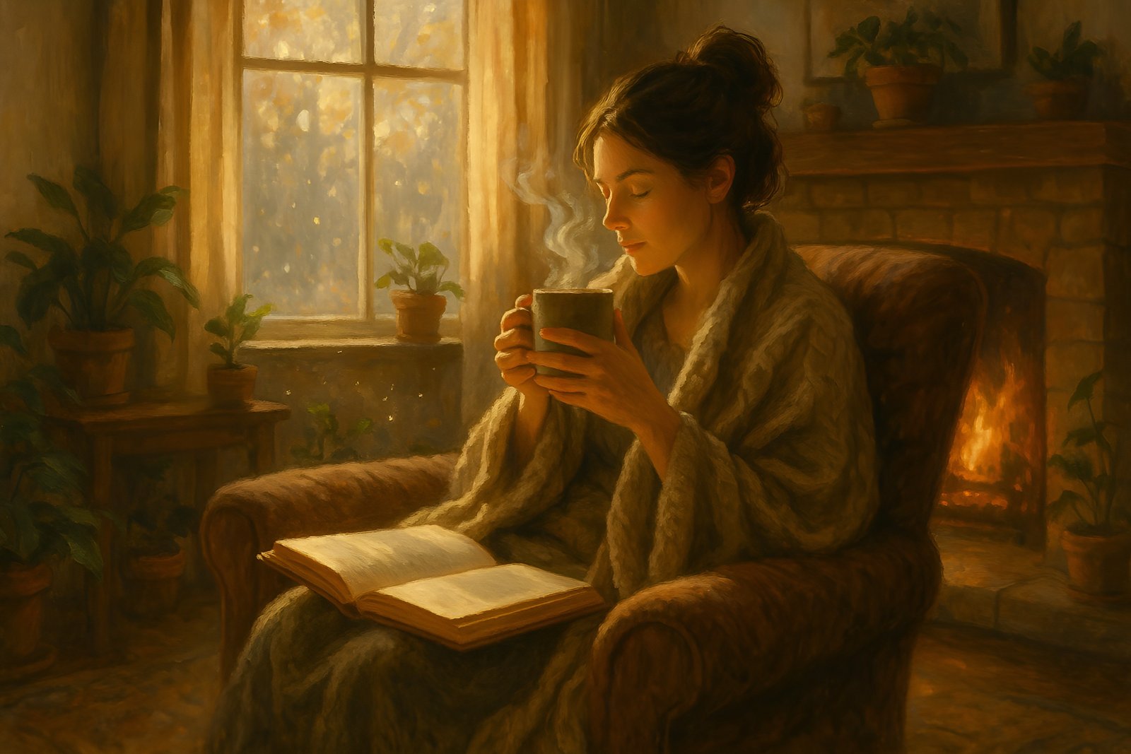 Woman Reading by the Fireplace While Drinking a Warm Beverage