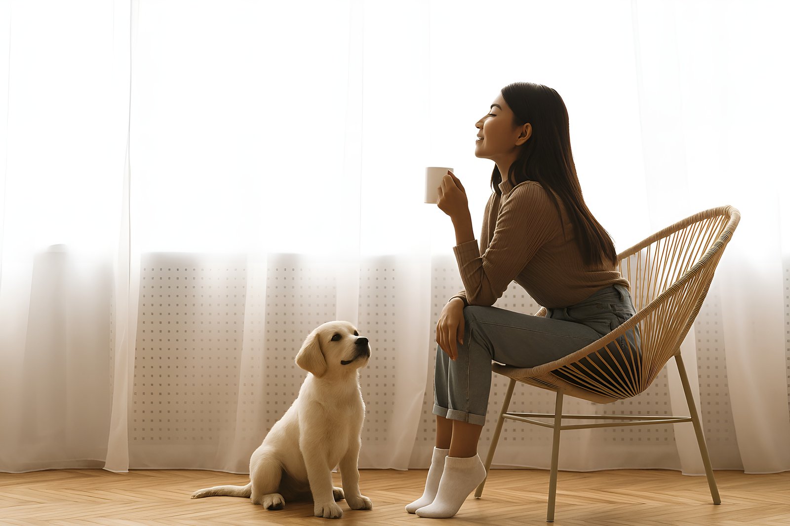 Woman Relaxing with Coffee and Puppy in Modern Bright Living Room