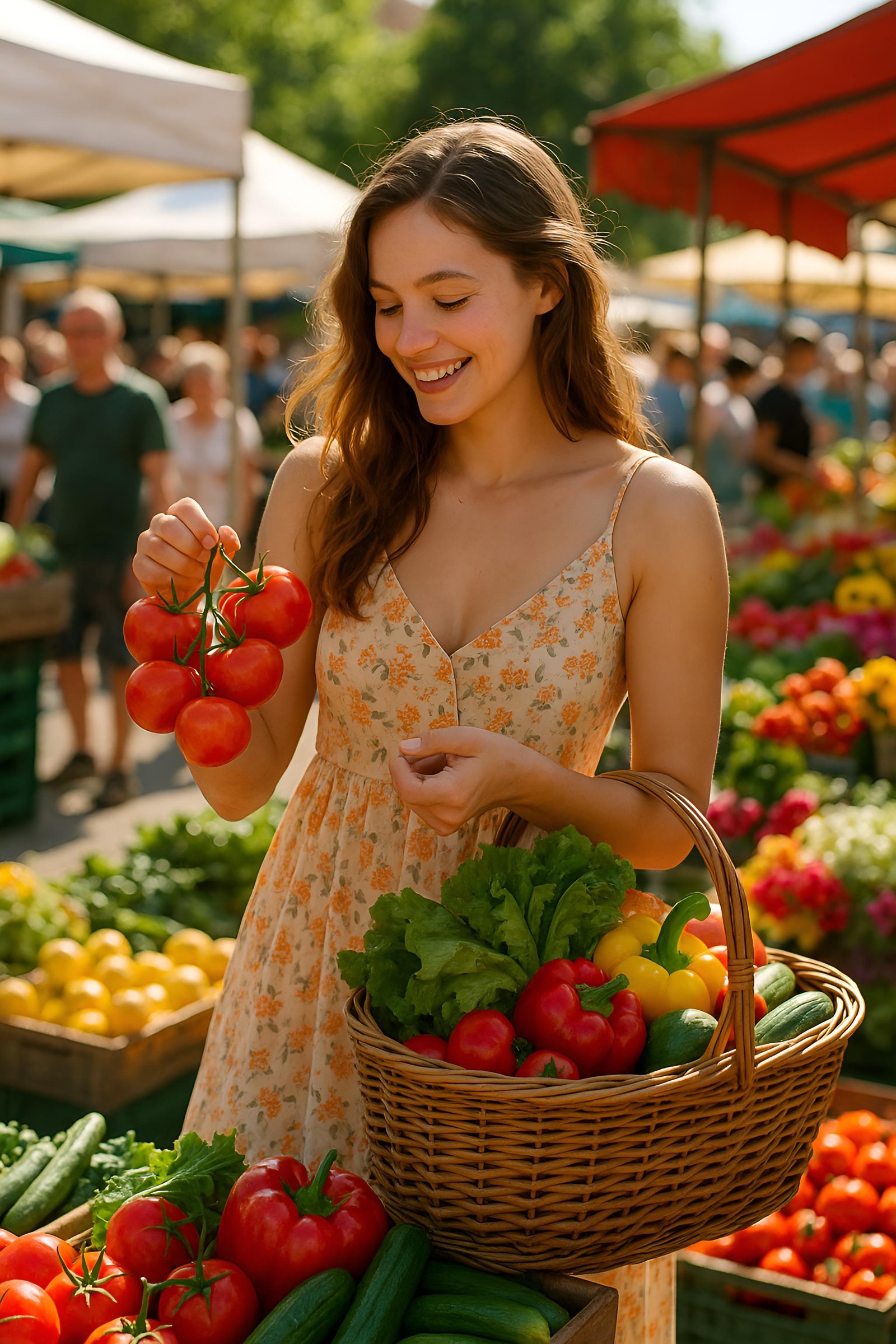Woman Shopping for Fresh Vegetables at a Vibrant Outdoor Farmers' Market