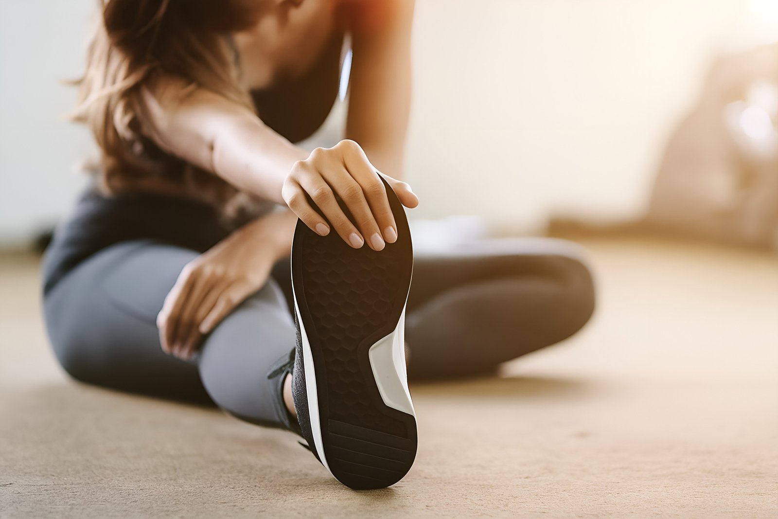 Woman Stretching on Floor During Fitness Routine with Calm Lighting