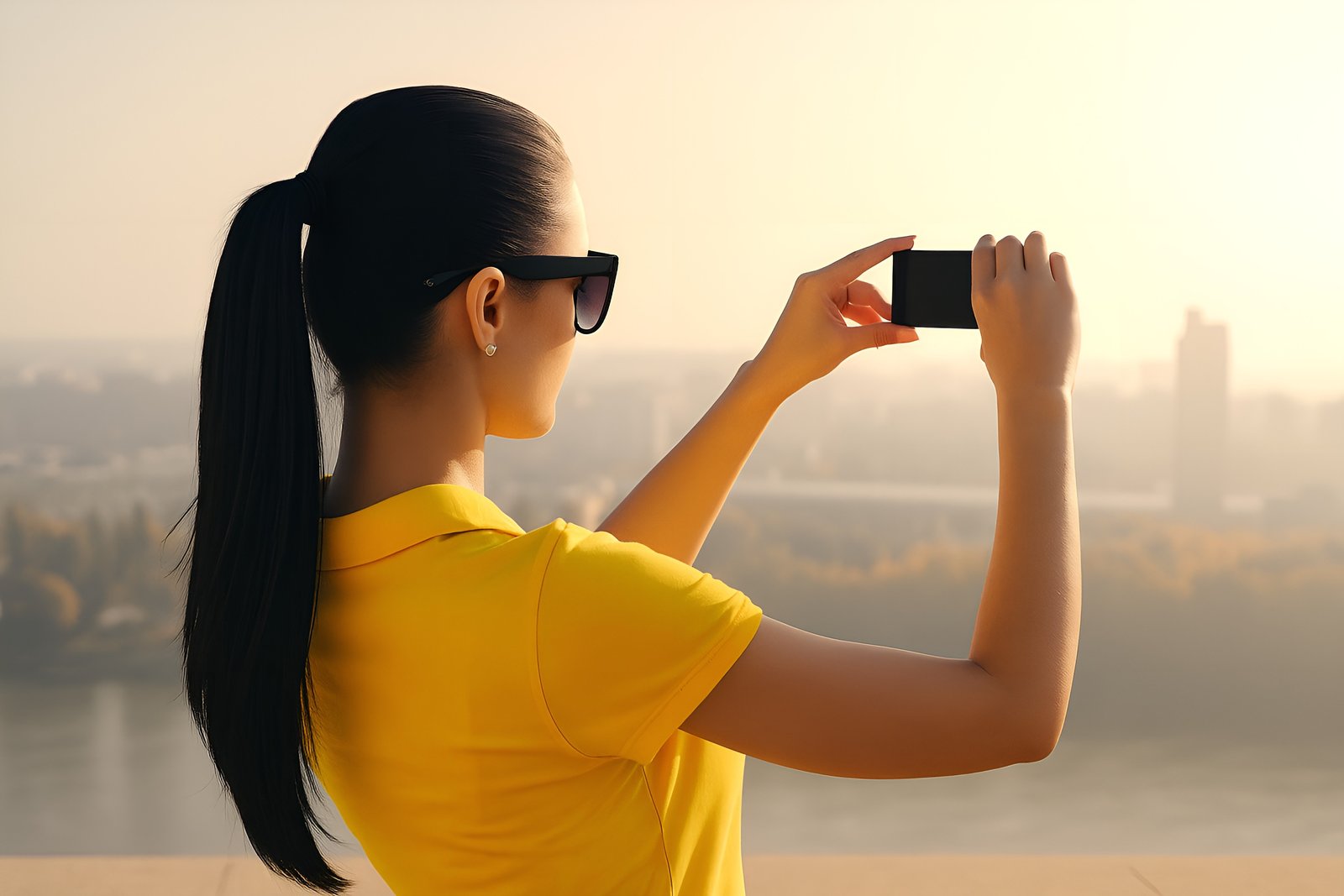 Woman Takes Scenic Photo with Smartphone During Golden Hour Outdoors