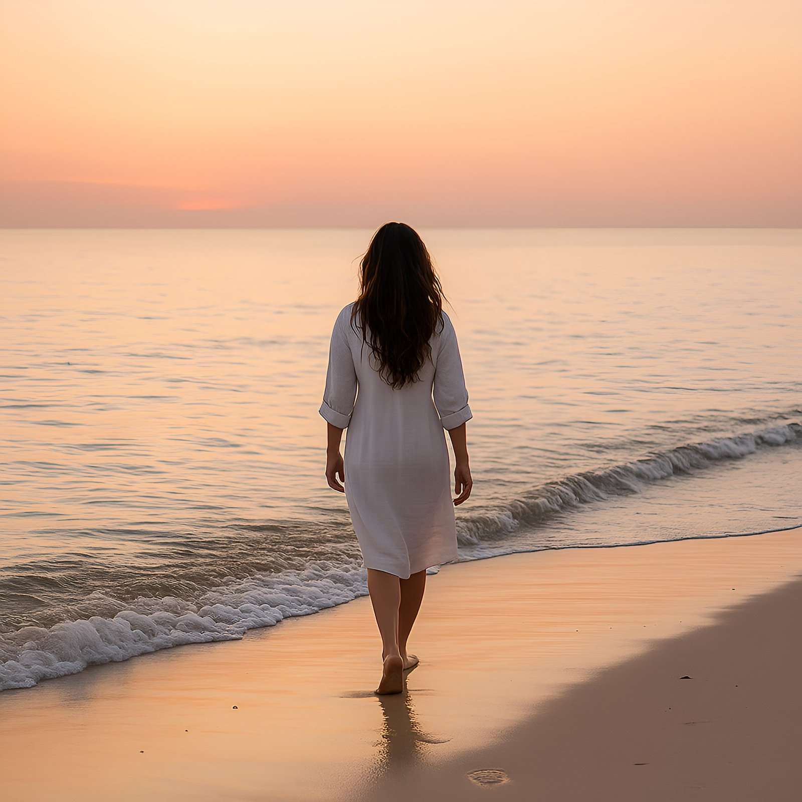 Woman Walking Along the Beach at Sunset Reflecting on Serene Moments