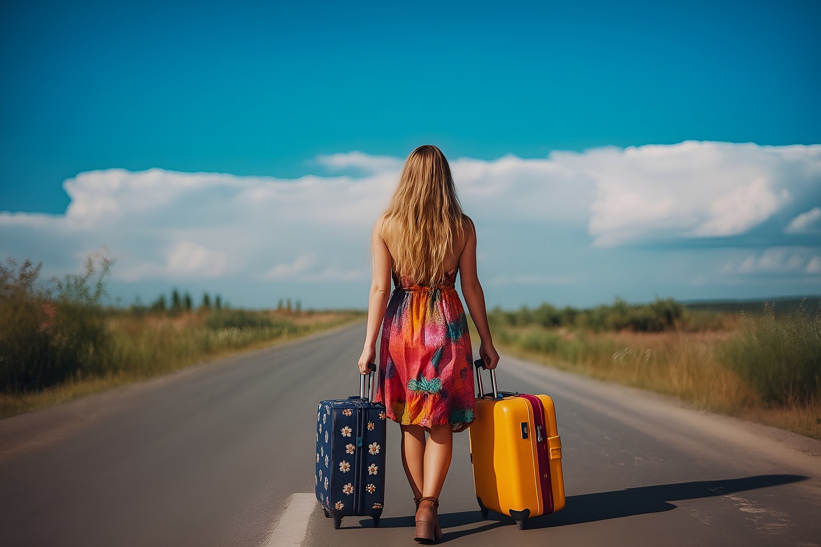 Woman Walking on Road with Colorful Suitcases Under Blue Sky
