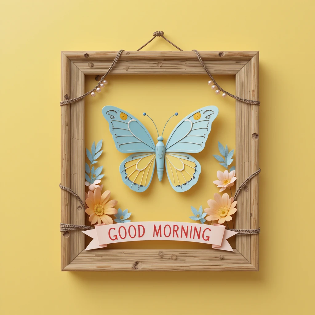 Wooden Frame with Butterfly and Good Morning Message Decorated with Flowers