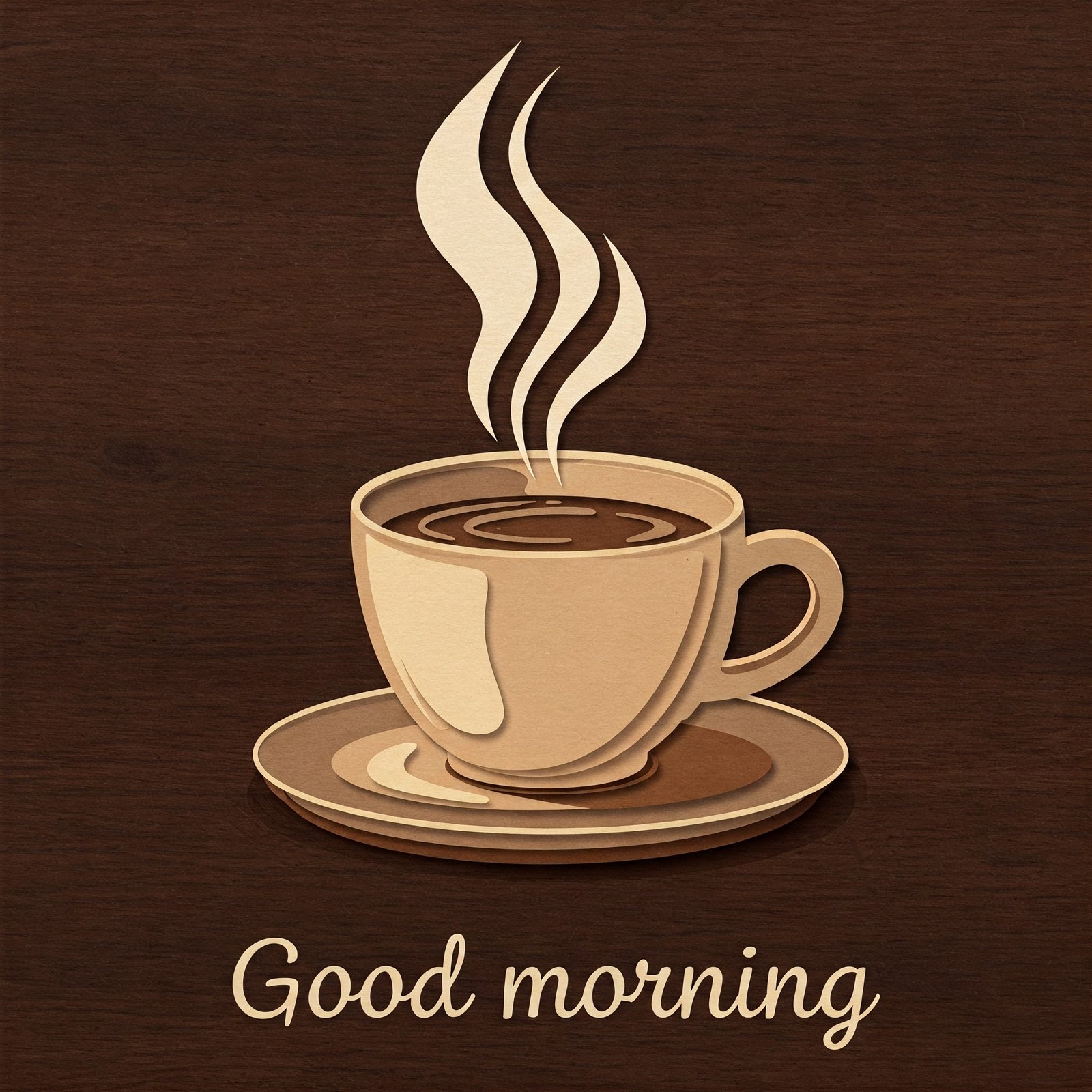 Wooden Styled Morning Coffee With Steam and 'Good Morning' Text