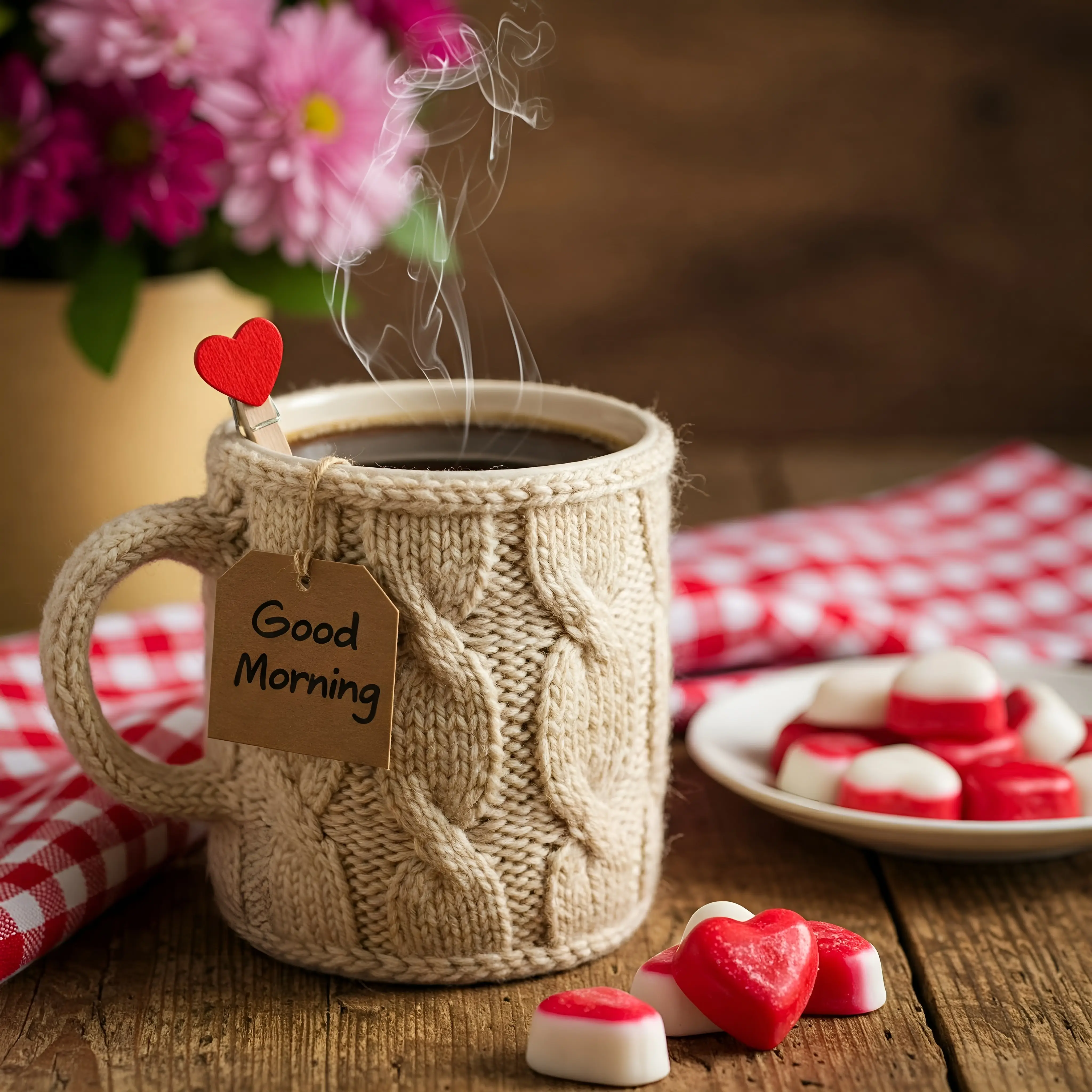 Cozy Morning Coffee With Heart Decorations and Warm Knit Cover