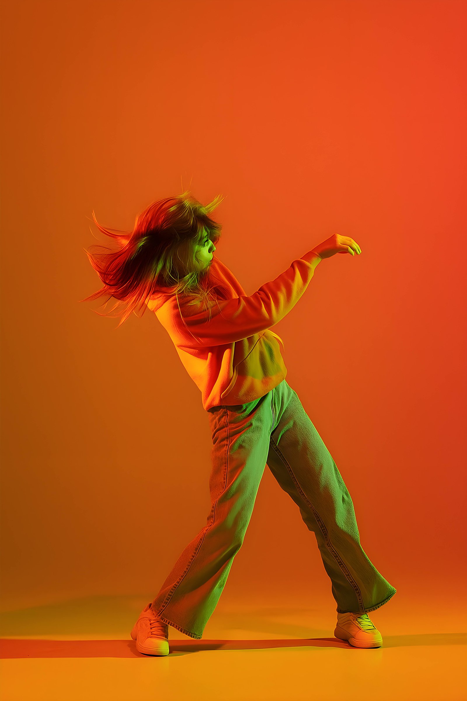 Young Person Dancing Expressively Under Orange and Green Lights