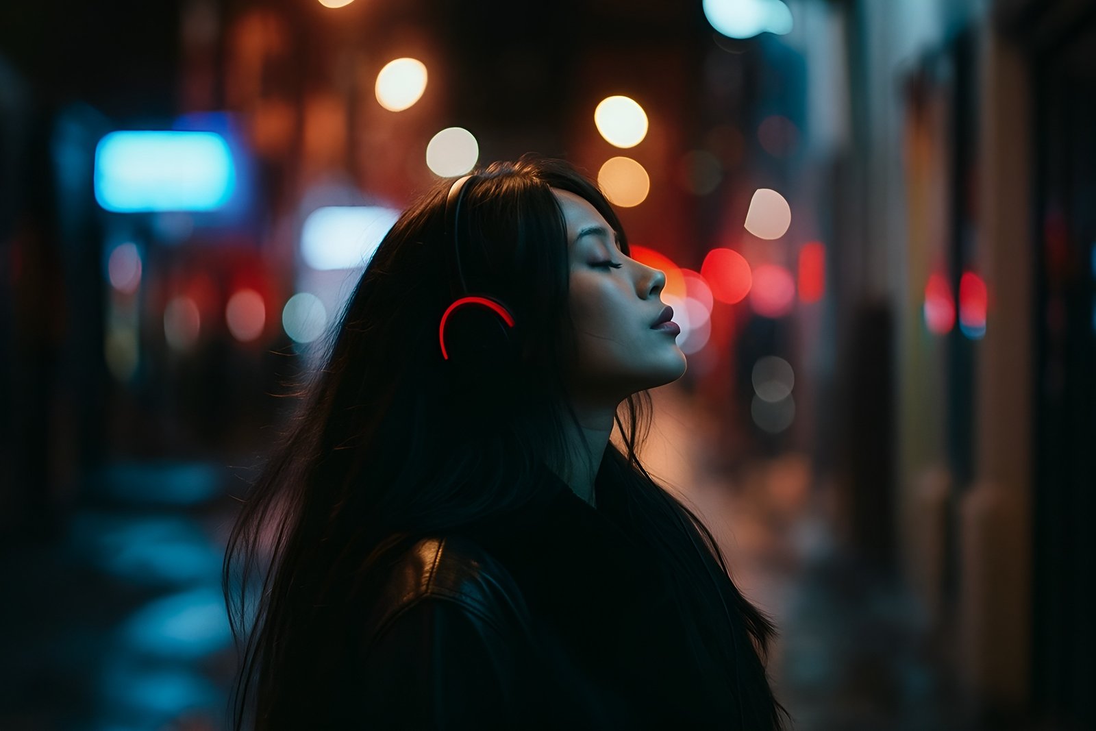 Young Woman Listening to Music in a Vibrant City Night Scene