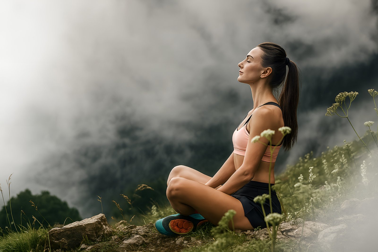 Young Woman Meditating Outdoors in Mountainous Region with Foggy Background