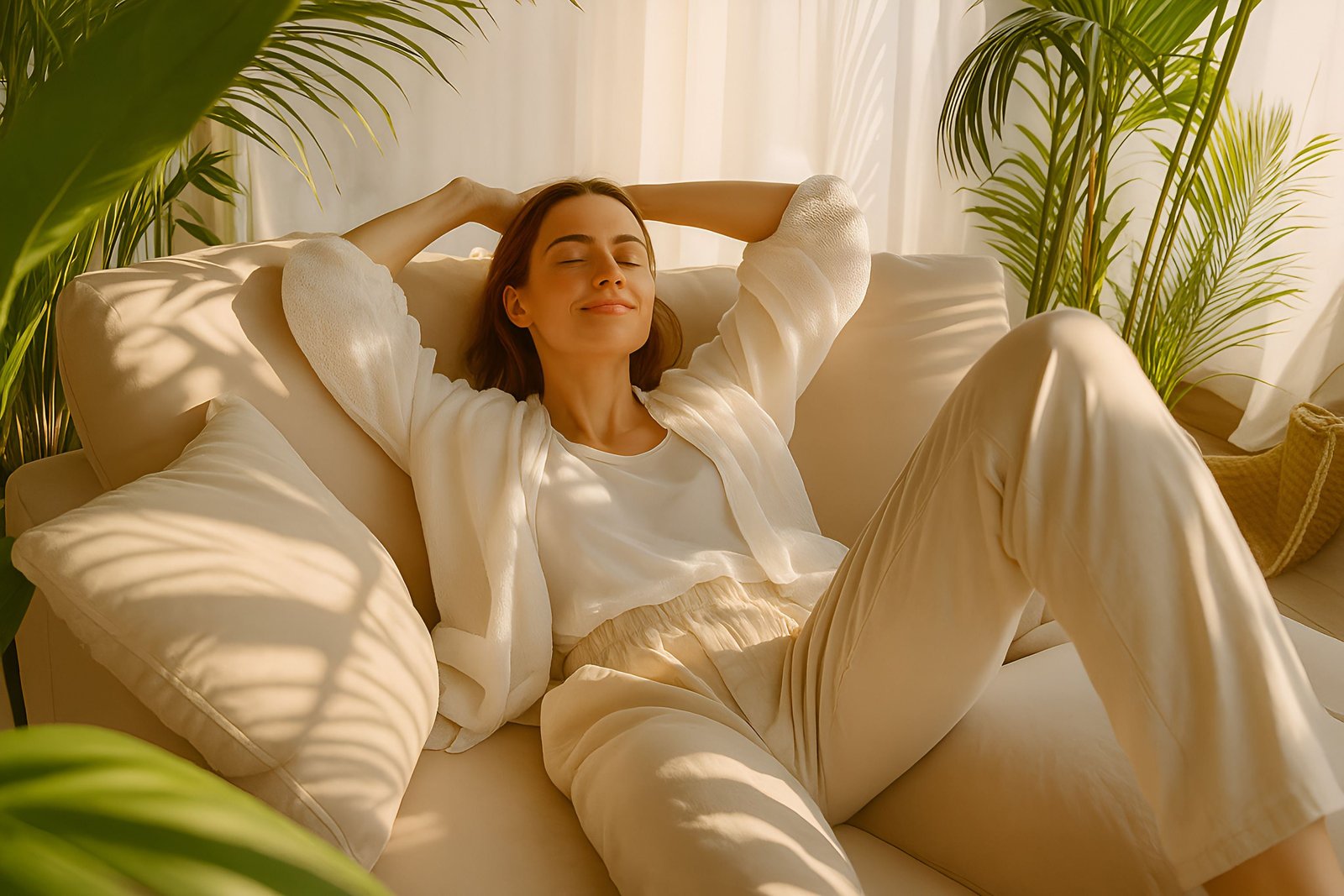Young Woman Relaxing in a Sunlit Room Surrounded by Tropical Plants