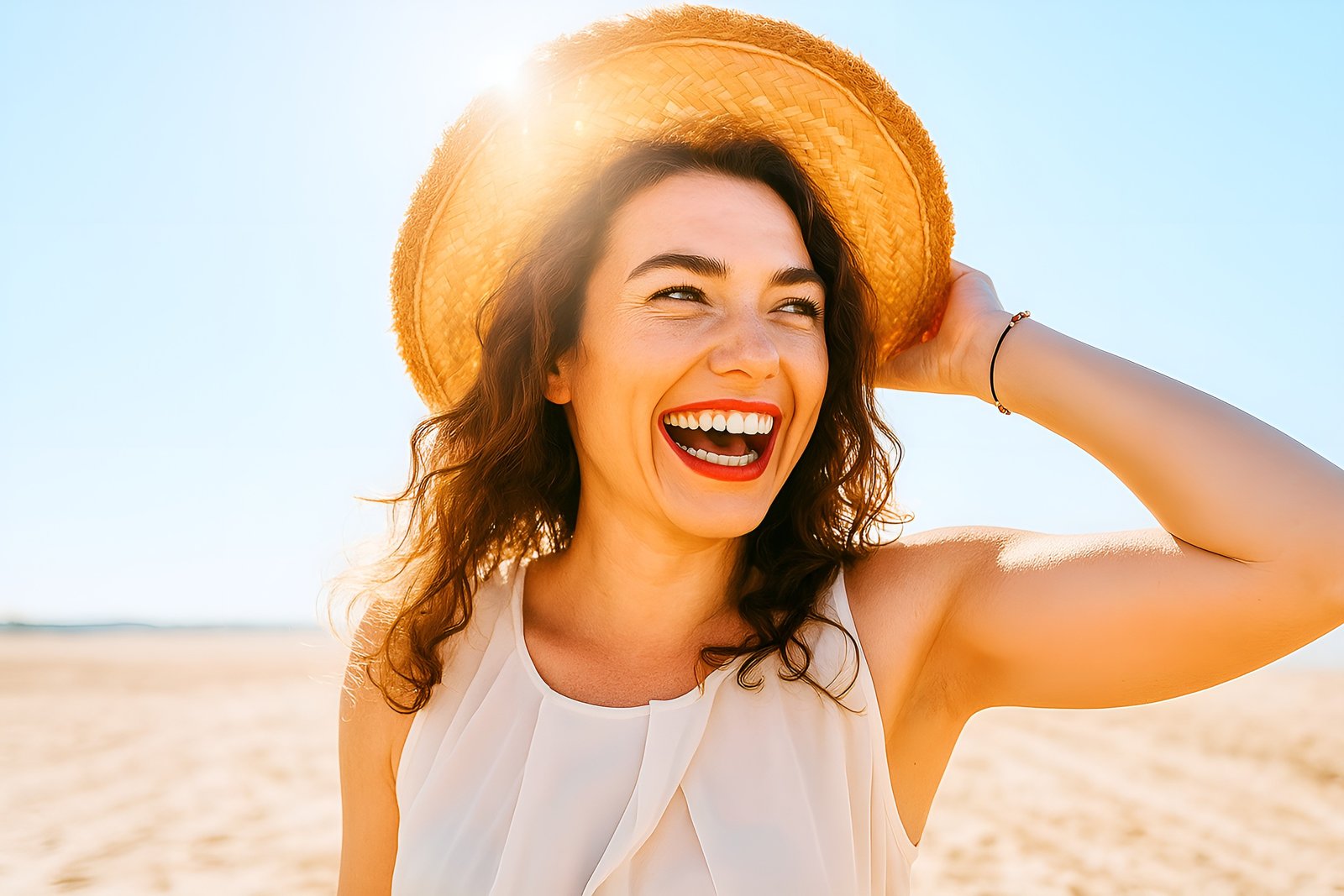 Young Woman Smiling on a Sunny Beach Day Wearing Straw Hat