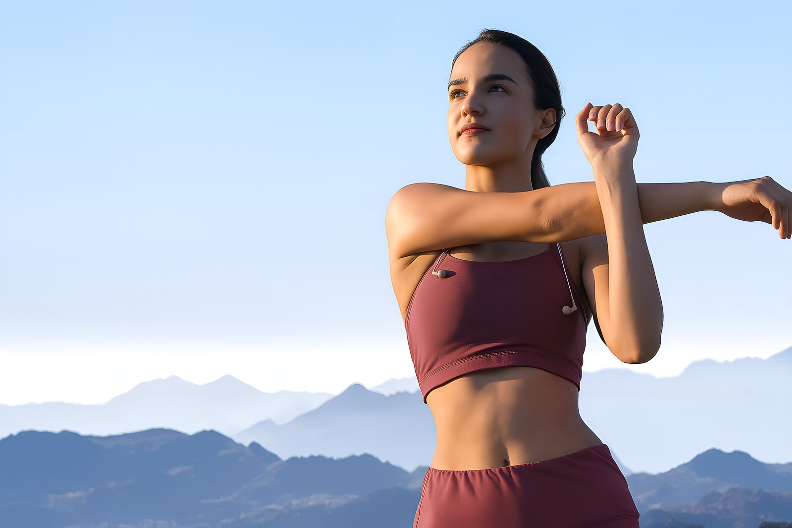 Young Woman Stretching Outdoors Against Blue Sky and Mountain Background