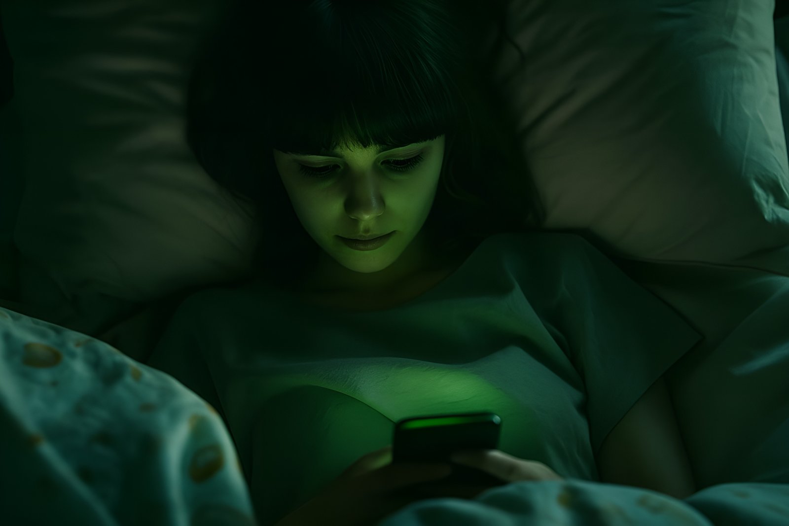 Young Woman Using Smartphone in Bed with Glowing Screen Light