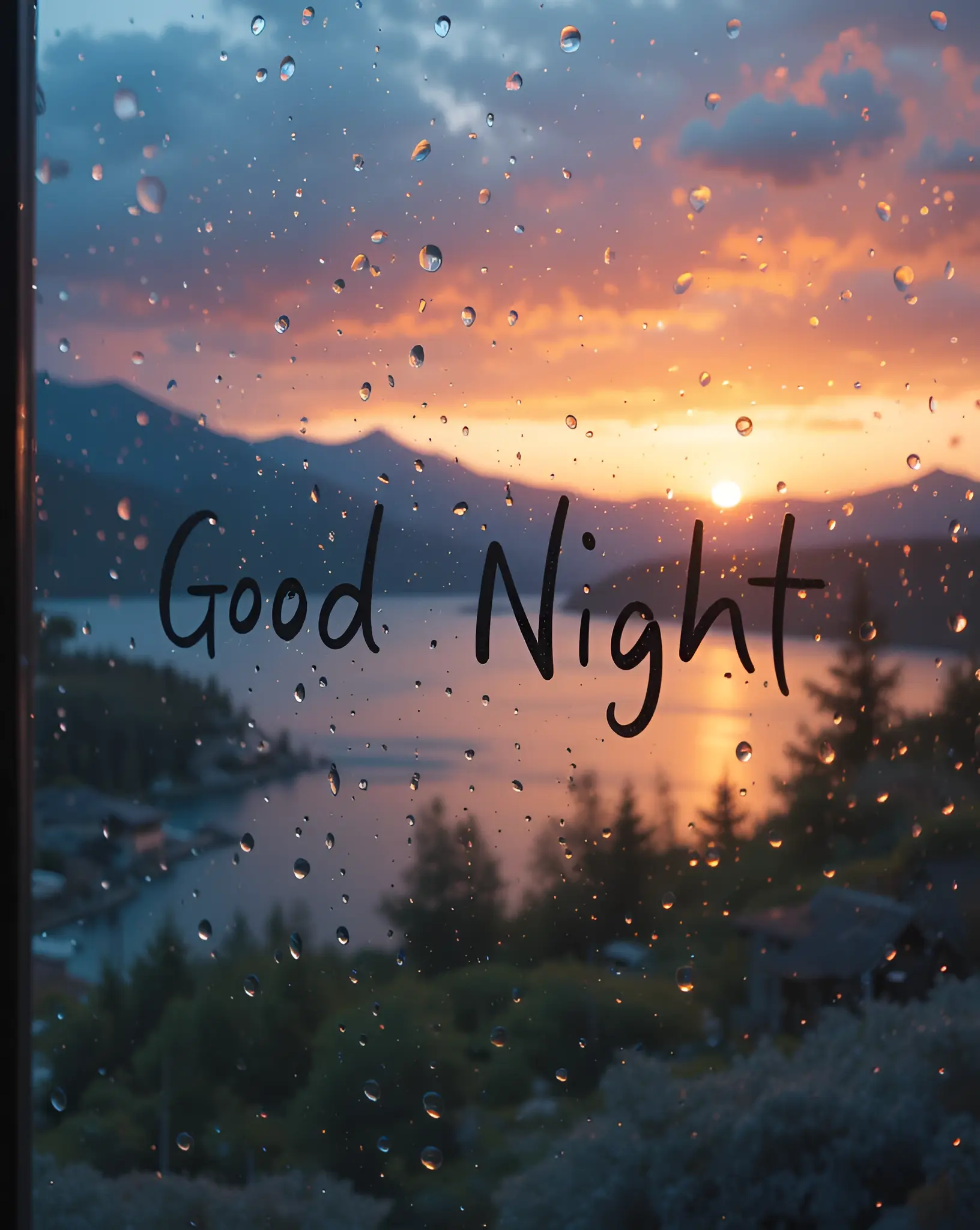 Sunset View Through Raindrop Covered Window With 'Good Night' Message