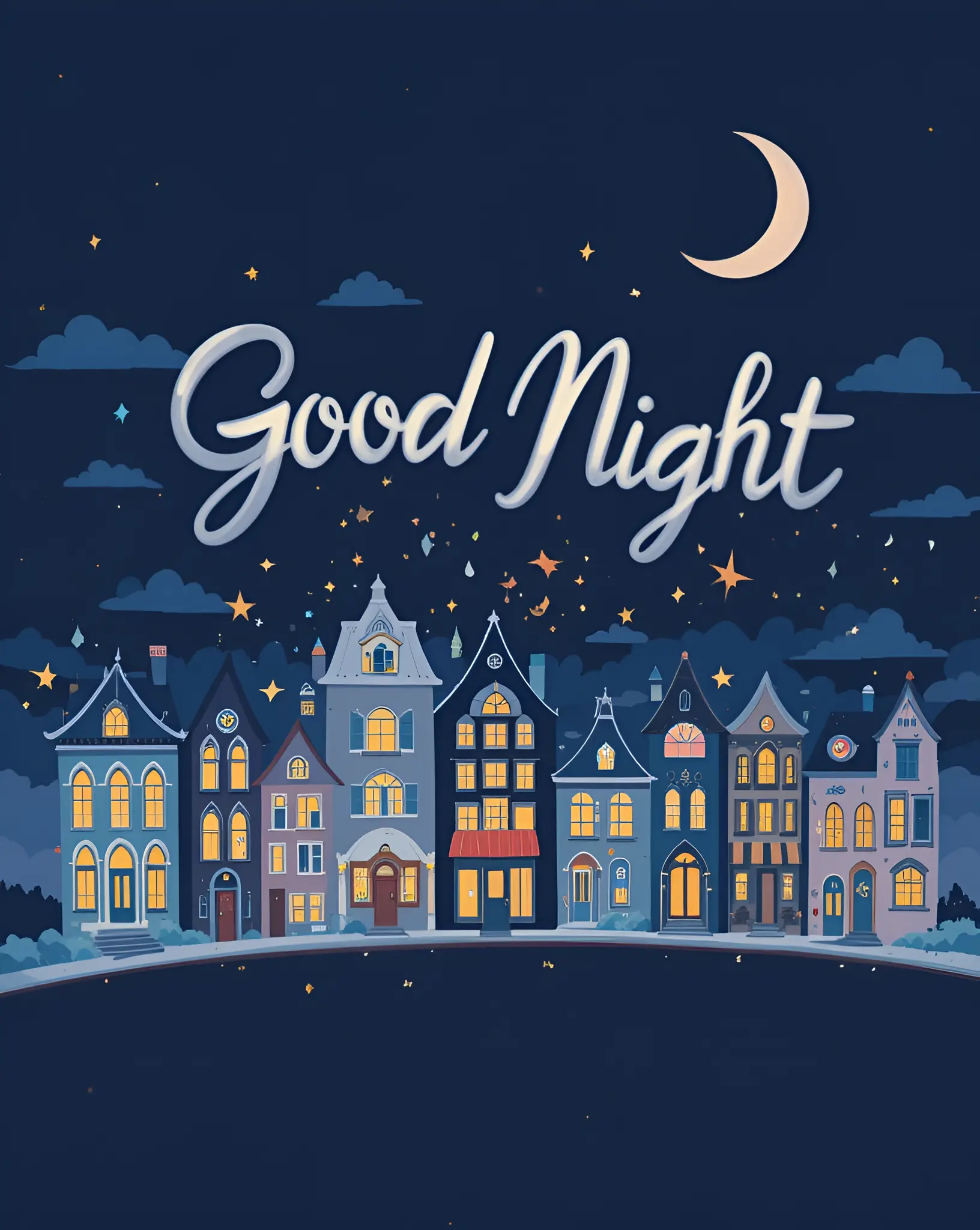 Charming Nighttime Village Illustration with Crescent Moon and Welcoming Lights